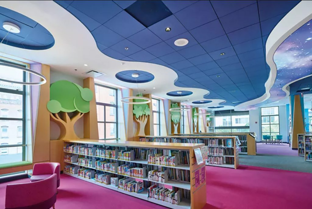 School library with colorful ceiling tile