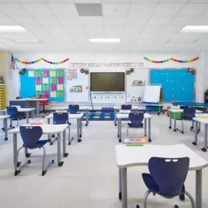 Armstrong Ceiling tile installation in classroom with in-ceiling air filtration