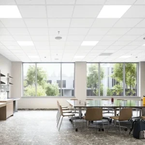 A room with a table and chairs