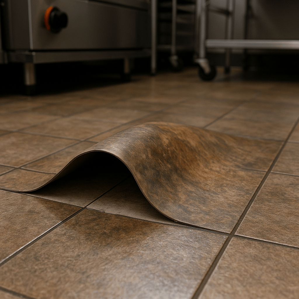 Buckling vinyl tile in a commercial kitchen
